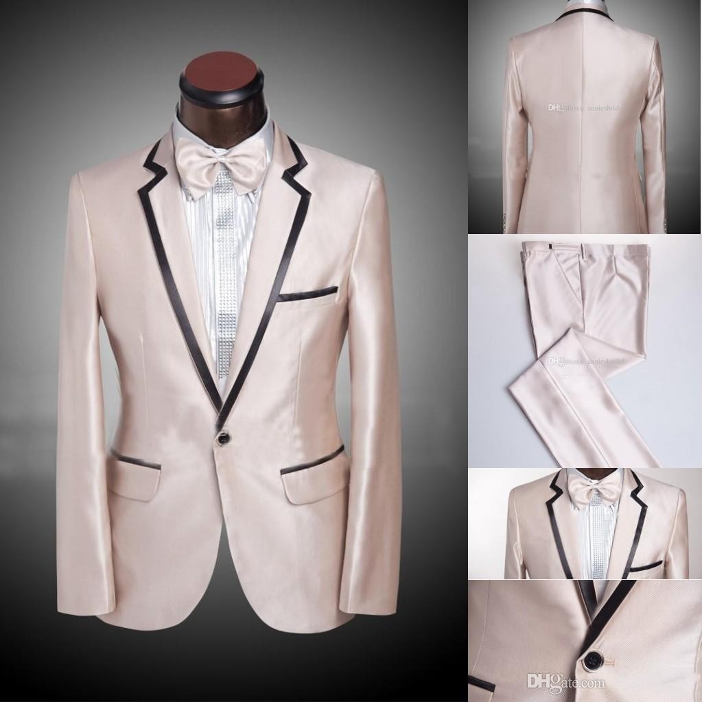 High Quality Champagne Groom Tuxedos Groomsmen Blazer Notch Lapel One Button Men Business Formal Party Prom Suit(Jacket+Pants+Bows Tie) 248