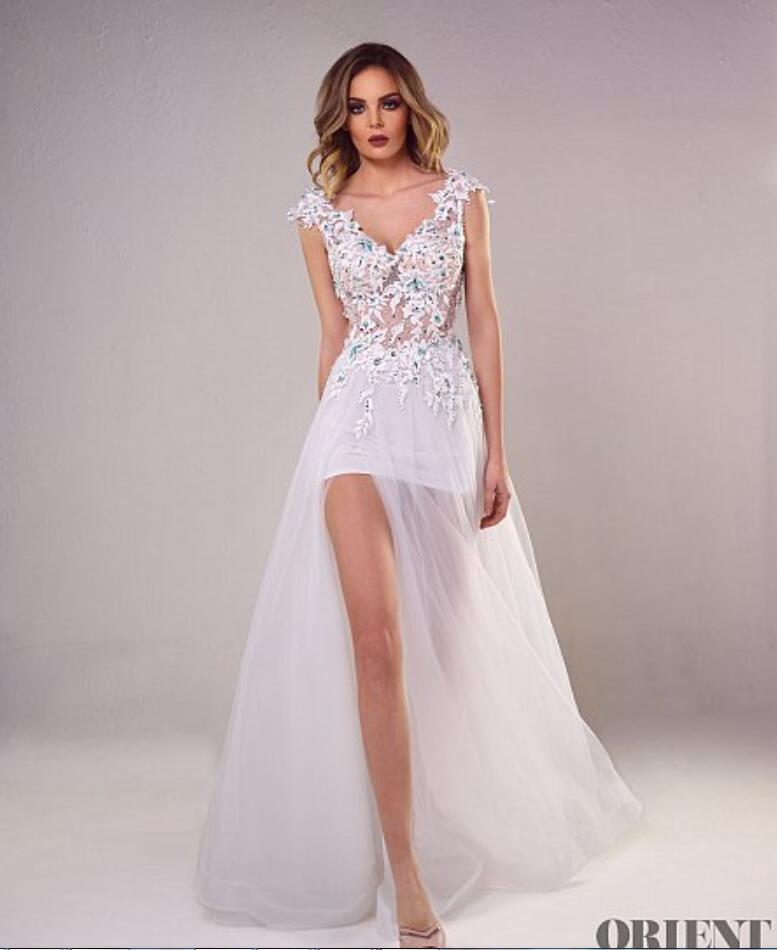 Tony Chaaya White Evening Dresses V Neck Lace Applique Backless Side Split Sexy Prom Dress Evening Sweep Train Plus Size Formal Dress Party