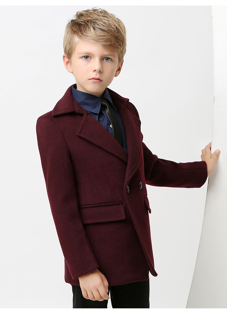 Notched Lapel Double Breasted Warm Kids Wear Windproof Child Coats Color Dark Red And Navy Thicken Winter Kids Formal Clothes For Sale