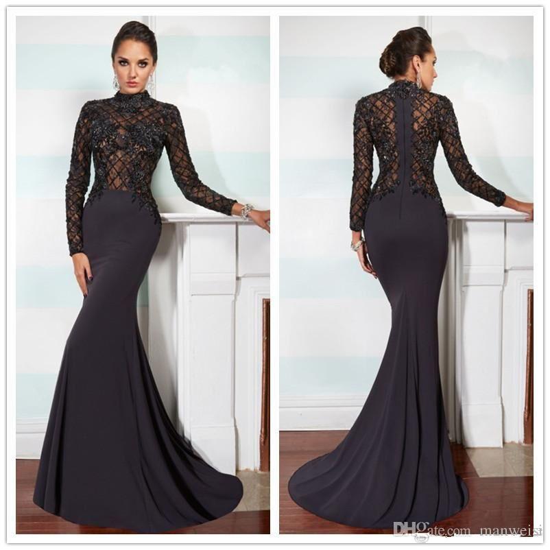 Hot Black Mermaid Mother Of The Bride Dresses Lace Applique Top High Neck Long Sleeves Fashion Satin Wedding Guest Dress