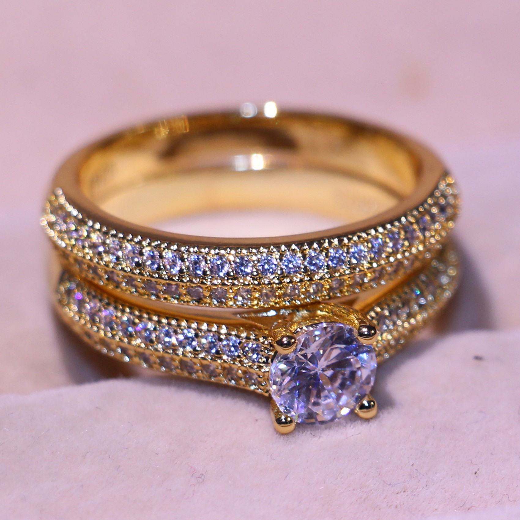 Wholesale Porfessional Handmade Jewelry Sterg Sier&Gold Filled 5A Cubic Zirconia CZ Dia Office Bridal Ring Set Gift