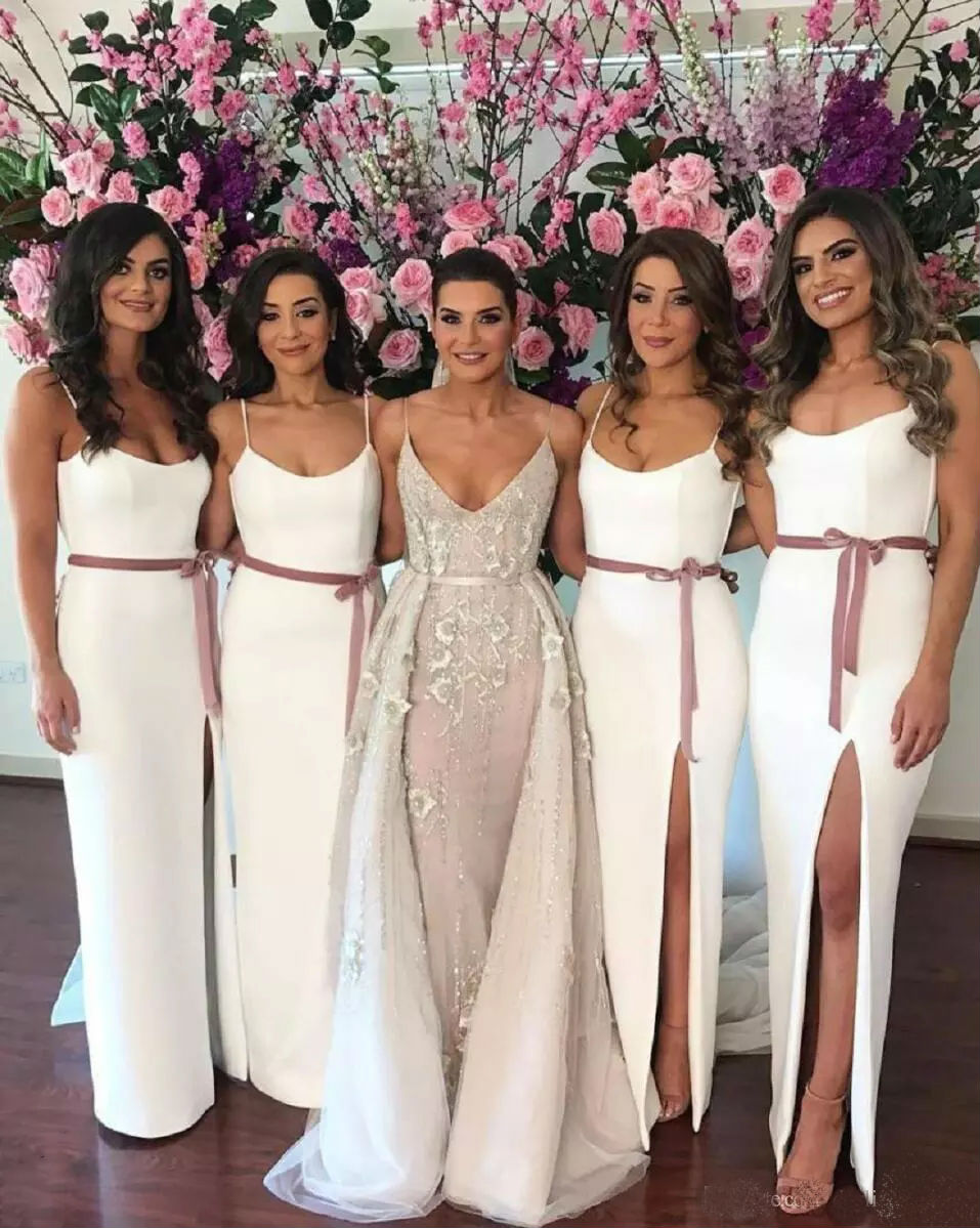 White Spaghetti Straps Bridesmaid Dresses Custom Made Slim Fit A Line Floor Length Prom Dresses With Side Split Maid Of Honor Dress