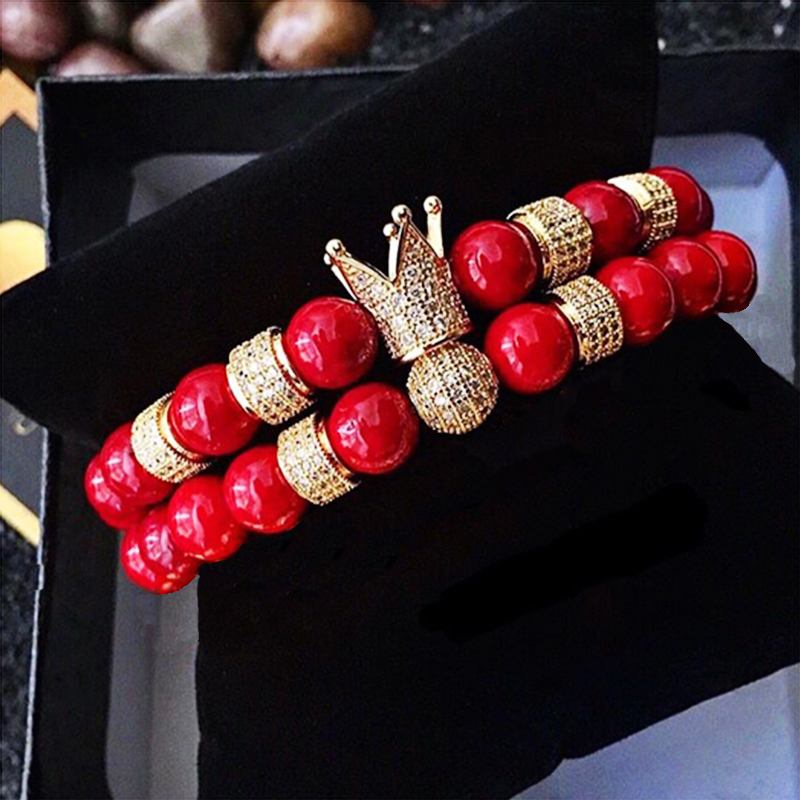 2pcs/set Uxury Fashion Crown Charm Bracelet Natural Stone For Women And Mens Pulseras Masculina jewelry Gift, holiday, valentine's day Father