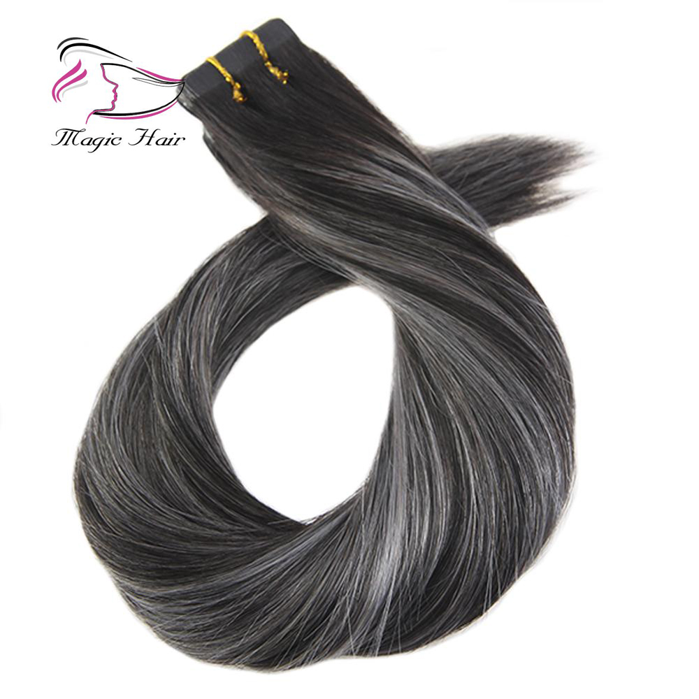 100g 40pcs Silk Straight Tape in Human Hair Extension Balayage 1b Sliver Color (#1b sliver 1b)