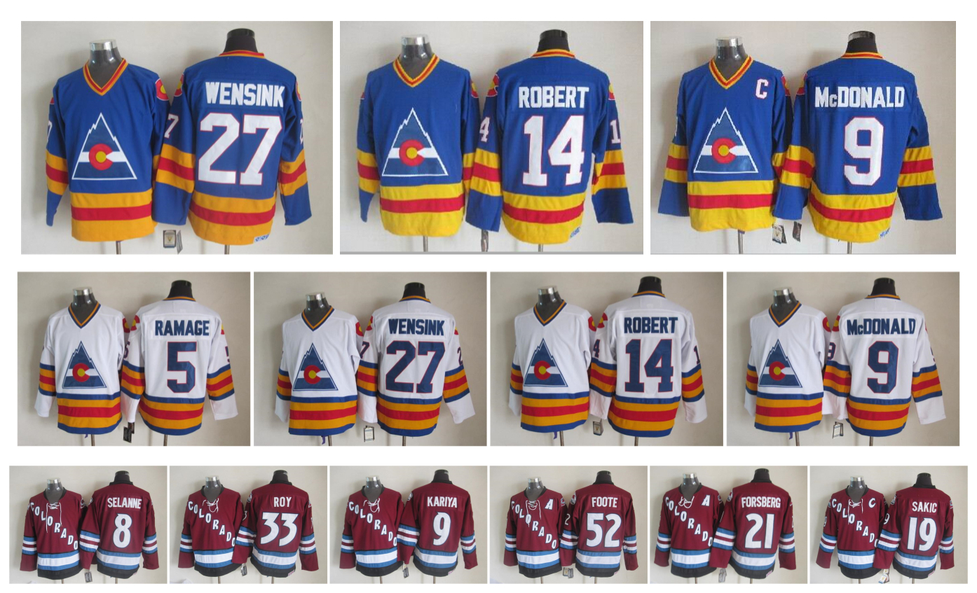 Retro Colorado Avalanche Hockey Jersey 33 Patrick Roy Forsberg Wensink 14 Robert 52 Foote 5 Ramage 9McDonald 8 Selanne 9 Kariya 19 Sakic, As pic
Retro Colorado Avalanche Hockey Jersey 33 Patrick Roy Forsberg Wensink 14 Robert 52 Foote 5 Ramage 9McDonald 8 Selanne 9 Kariya 19 Sakic, As pic