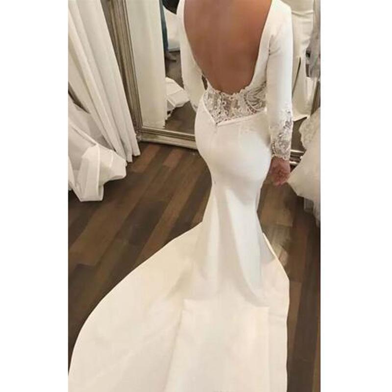 2020 Vintage Long Sleeve Lace Mermaid Wedding Dress Jewel Neck Backless Appliques Lace Long Satin Wedding Dresses Vestido De Novia