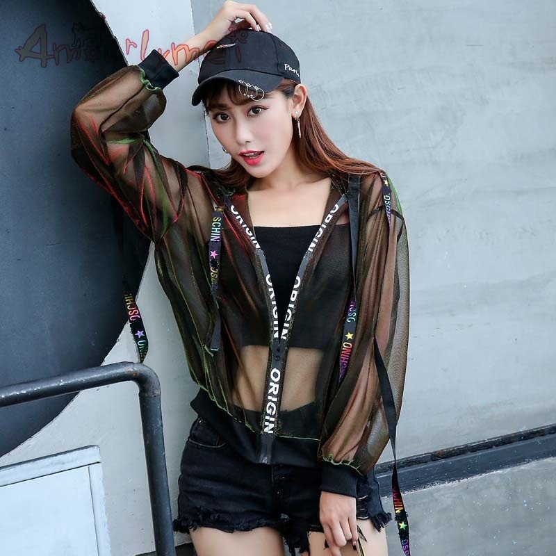 Summer Women Jacket Harajuku Sun Protection Clothing Laser Hologram Sunproof See Through Loose Hooded Zipper Coat Sunscreen Oute L18100904