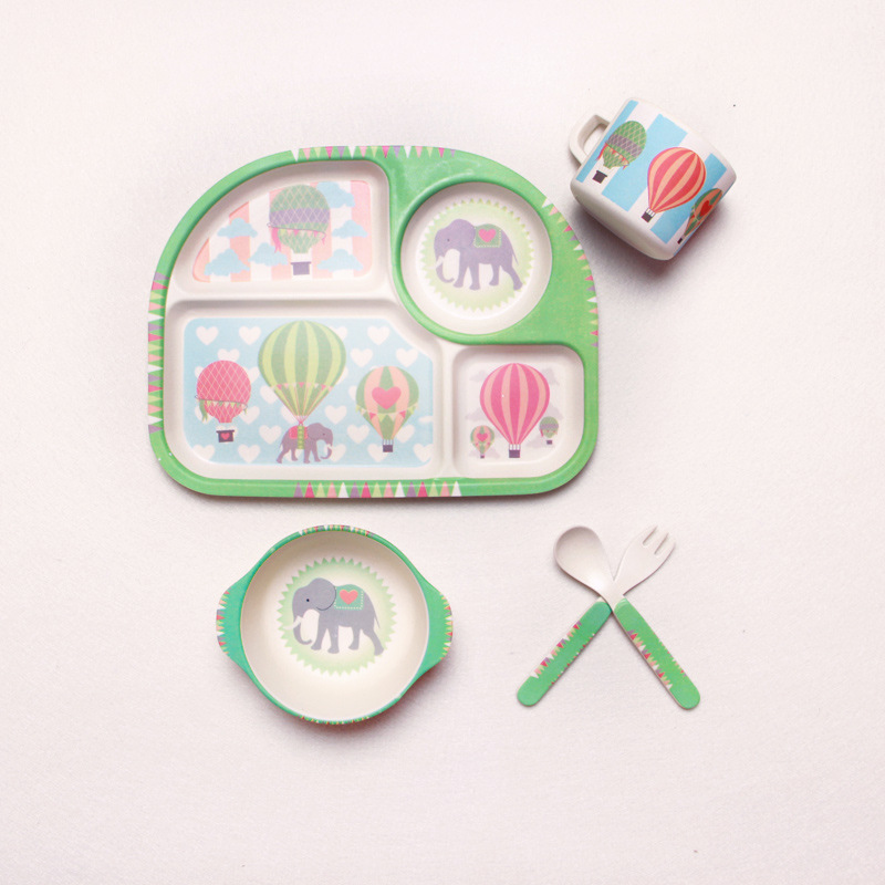 5pcs/set Bamboo Fiber Children Tableware Set Baby Feeding Plates Dishes BWith Cup Fork Spoon Cartoon Animal Kids Dinnerware