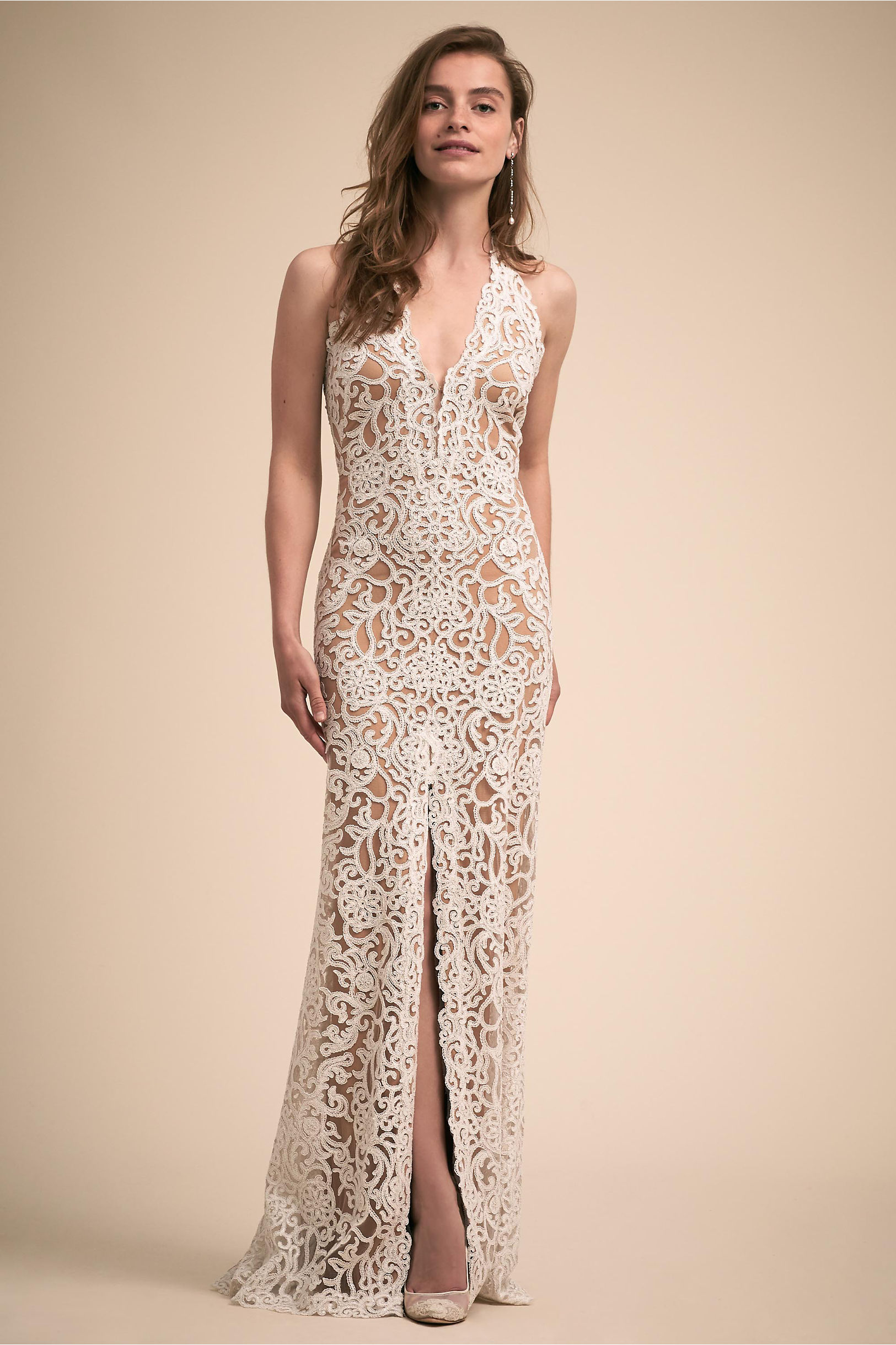 Bhldn Mermaid Wedding Dresses Lace Appliques Floor Length Deep V Neck Beach Bridal Dress Front Split Plus Size Champagne Wedding Gowns