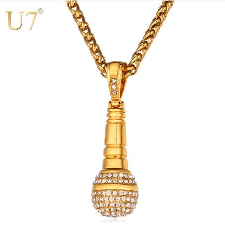 U7 Ice Out Chain Necklace Microphone Pendant Men/Women Stainless Steel Gold Color Rhinestone Best Friend Jewelry Hip Hop P1018