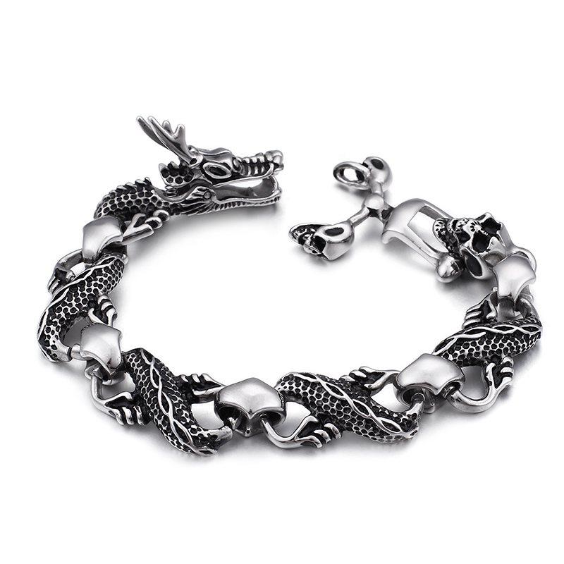 Men's Thick Heavy Stainless Steel Bracelet Classic Chinese Dragon Head Buckle High Polished Double Layers Snake Chain Bracelets