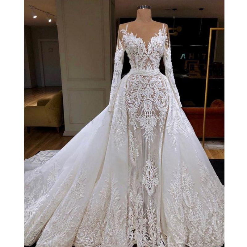gorgeous lace wedding dresses sheer neck long sleeves appliques tulle over skirt illusion mermaid bridal dresses sexy robes de soire