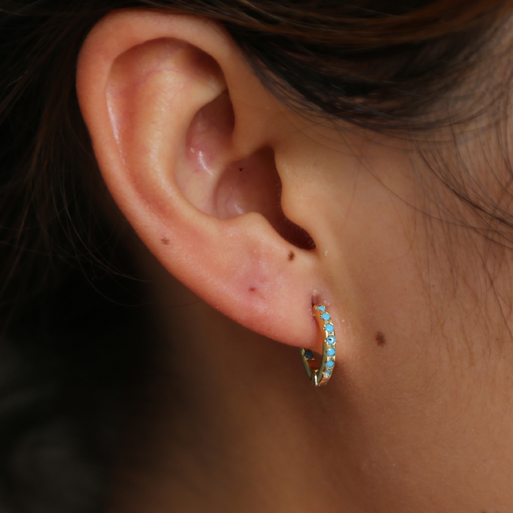925 sterling silver rhodium gold plated mini hoops paved blue nano turquoiose gemstone elegance minimal huggie hoop fine silver learring