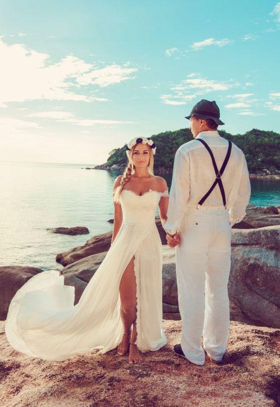 Sexy Beach Wedding Dresses Sweetheart Off Shoulder Appliuqes Lace Chiffon High Split Cheap Wedding Dresses Summer Boho Bridal Gowns