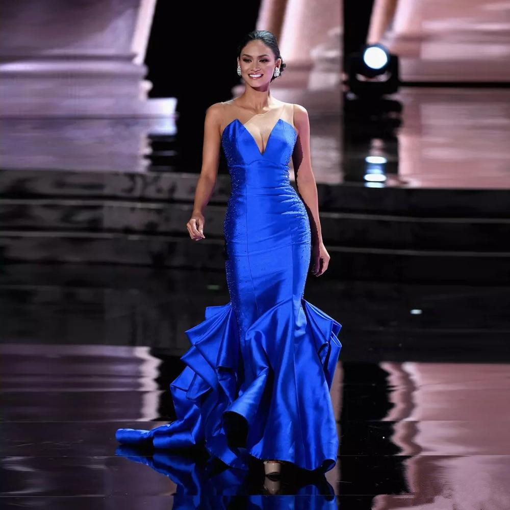 Royal Blue Satin Mermaid Evening Dresses Sleeveless Tiered Bottom Prom Gowns Sequin Beads Vestidos De Fiesta Formal Dress