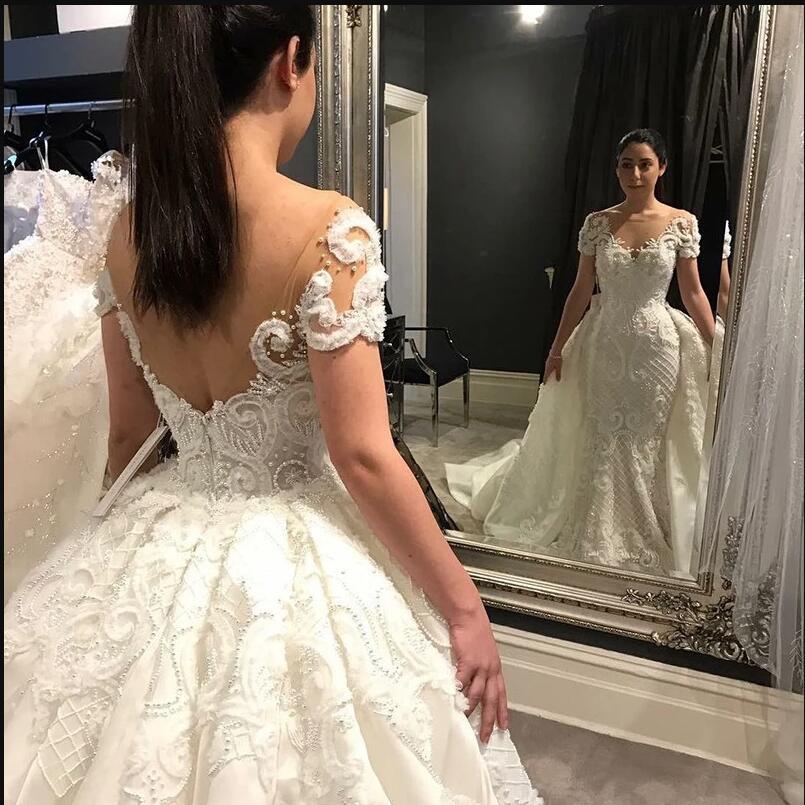 Gorgeous Mermaid Wedding Dresses Wih Detachable Skirt Short Sleeves V Neck Country Wedding Gowns vestido de novia Plus Size Bridal Dress