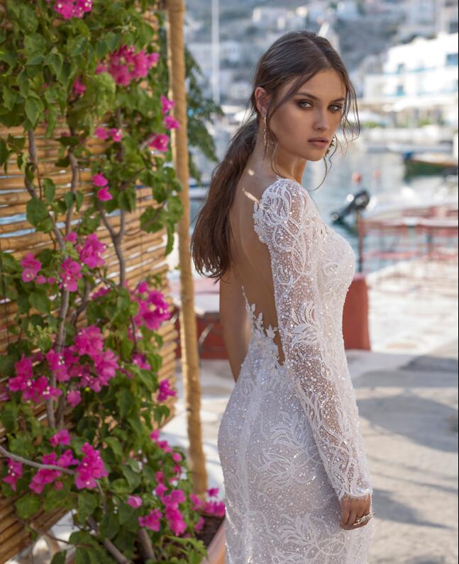 Lian Rokman Mermaid Dresses Side Split Lace Applique One Shoulder Long Sleeve Bridal Gowns Sweep Train Backless Wedding Dress