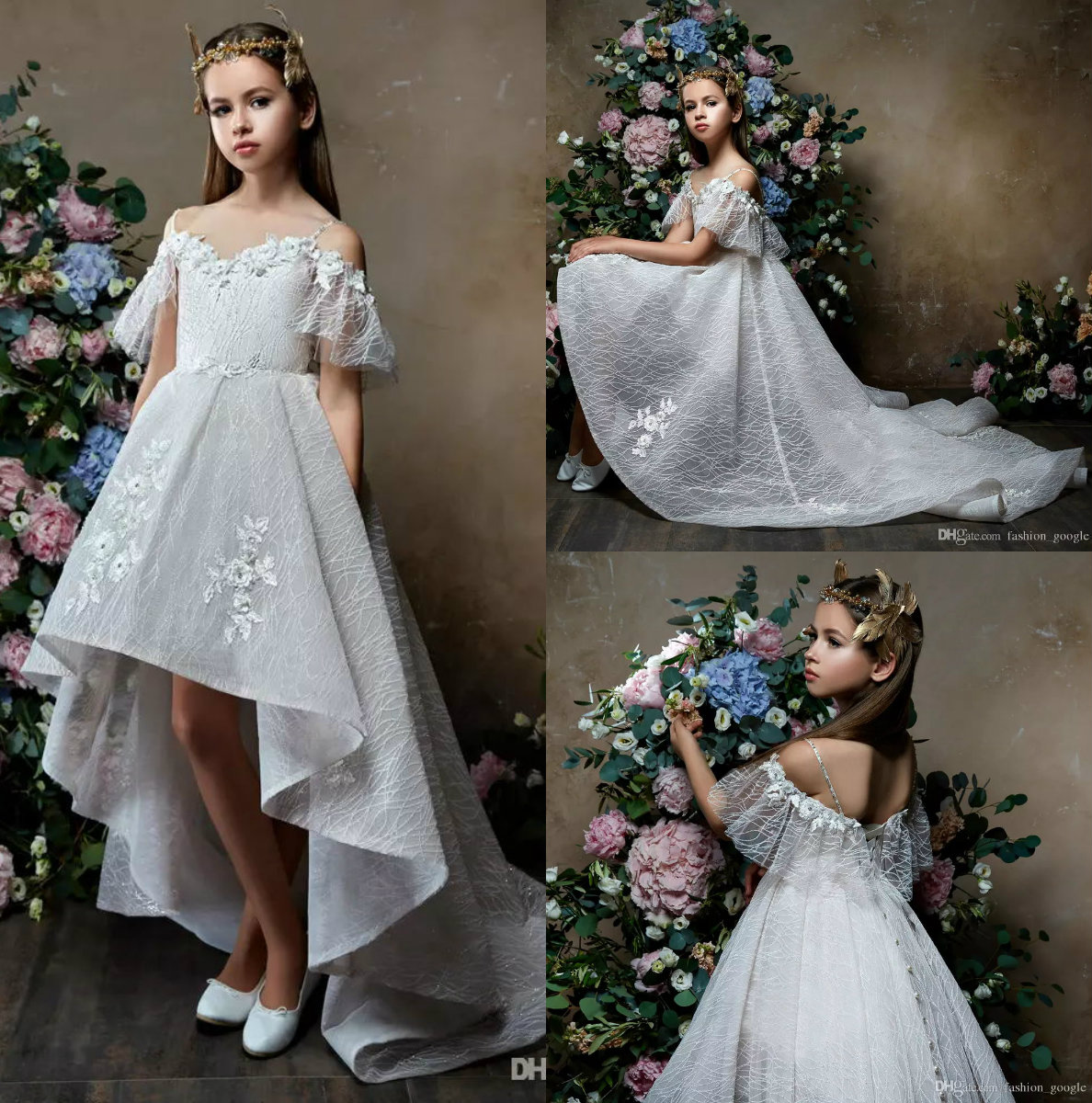 Hi Lo Flower Girls Dresses 2019 Off Shoulder Kids Wedding Gowns Lace First Communion Dress for Little Girls Handmade Flowers Birthday Dress