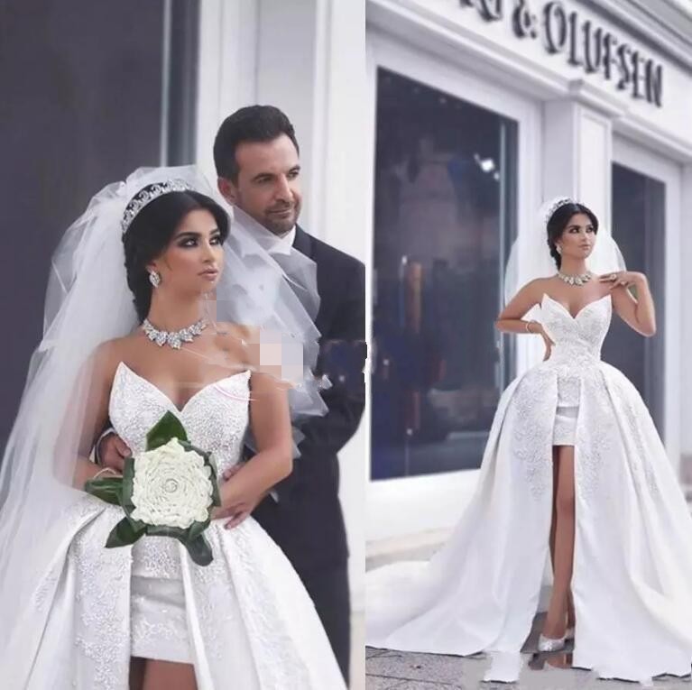 Said Mhamad 2019 A Line Satin Lace Wedding Dresses with Detachable Train Puffy Bridal Gowns Saudi Arabic Dubai Short Wedding Gowns, Ivory
Said Mhamad 2019 A Line Satin Lace Wedding Dresses with Detachable Train Puffy Bridal Gowns Saudi Arabic Dubai Short Wedding Gowns, Ivory