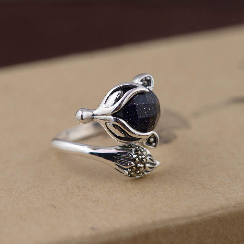 925 Sterling Silver Fox Ring Natural Yellow Green White Stone 100% Real S925 Thai Silver Rings for Women Jewelry Adjustable Size D18111306