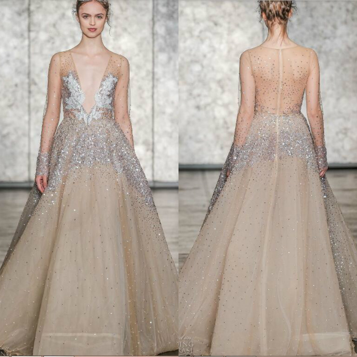 Inbal Dror Shiny Luxury Evening Dresses 2018 Sexy Champagne Illusion Sequins Lace Applique Long Sleeves Tulle Prom Dress