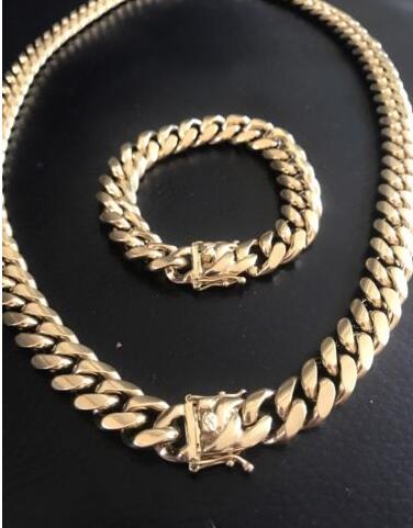 HARLEMBLING 14mm Men Miami Cuban Link Bracelet Chain Set 14k Gold Plated