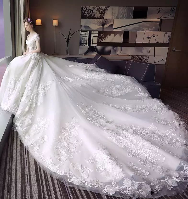 Charming Floral Applique Wedding Dress V-Neck Beaded Lace Appliqued Short Sleeve Bridal Dress Amazing Cathedral Train Tulle Wedding Dresses