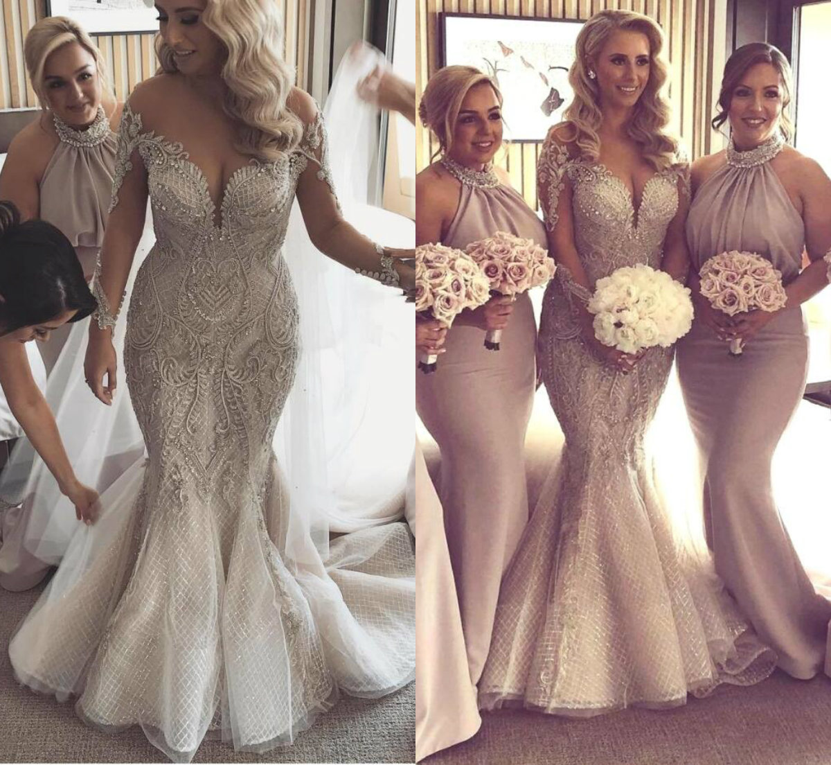 Plus Size Mermaid Wedding Dresses Sheer Jewel Neck Lace Beading Appliques Sweep Train Country Bridal Gowns Long Sleeve Beach Wedding Dress