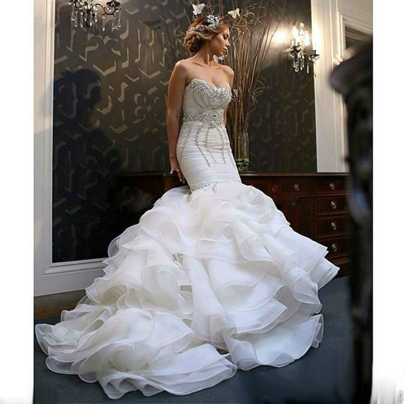 Sexy Mermaid Dress Bridal Crystals Sweetheart Neckline Tiered Ruffles Gowns Sweep Train Wedding Dresses