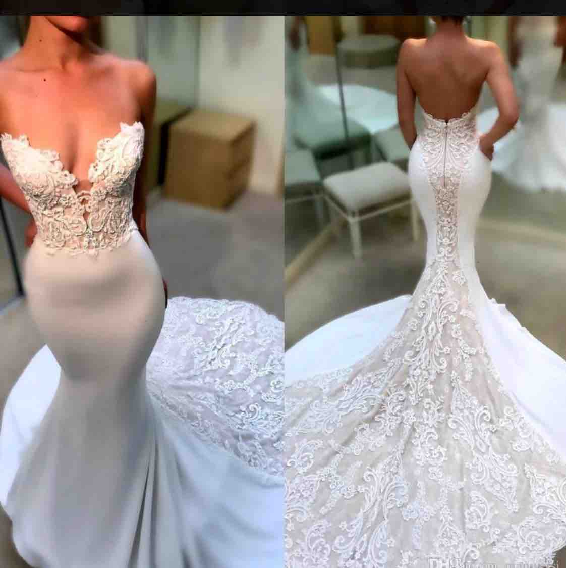 Sexy Mermaid Dresses Sweetheart Lace Appliqued Court Train Sleeveless Beach Wedding Dress Beads Plus Size Bridal Gowns
