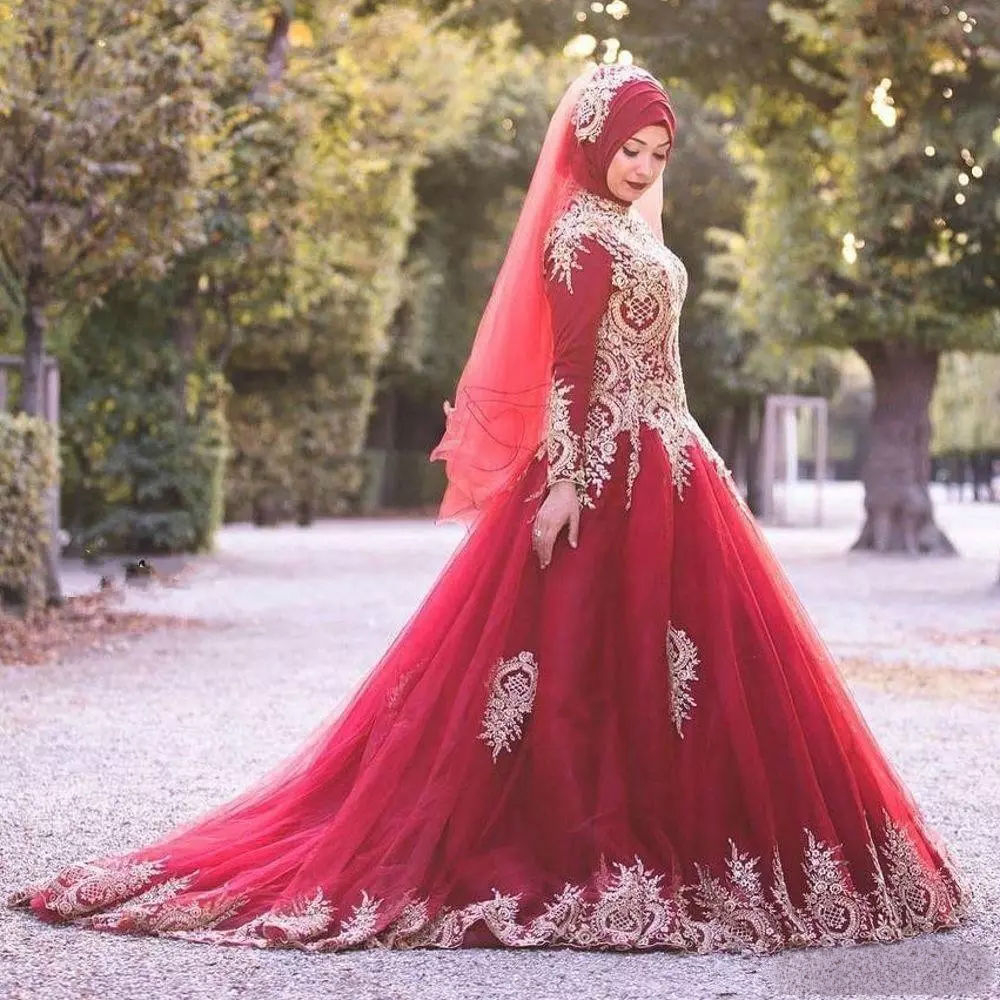 muslim wedding dresses red high collar gold appliques long sleeve tulle vintage bridal gowns plus size wedding dress