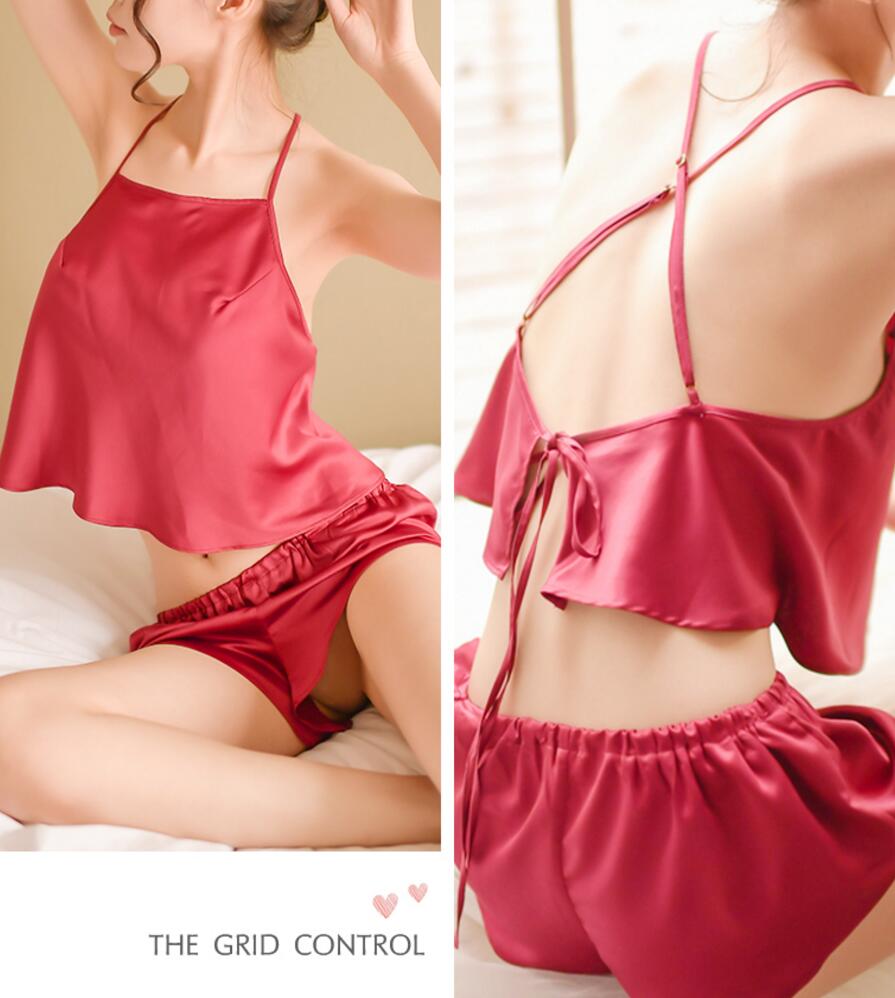 Erotic lingerie apron boxer two-piece ladies backless lace sexy silky satin nightdress straps halter