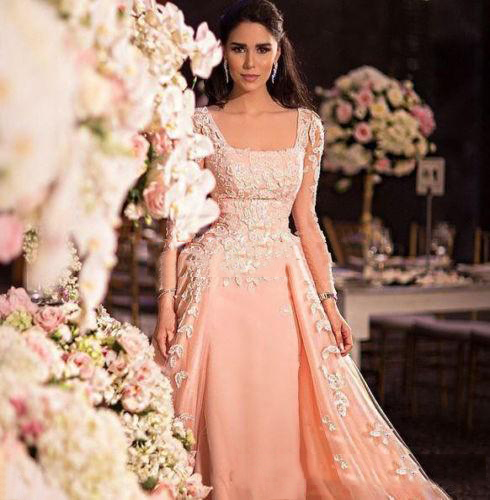 Elegant Evening Square Pink Long Illusion Sleeves With White Applique Prom Gowns Back Zipper Custom Made Formal Ocn Dresses