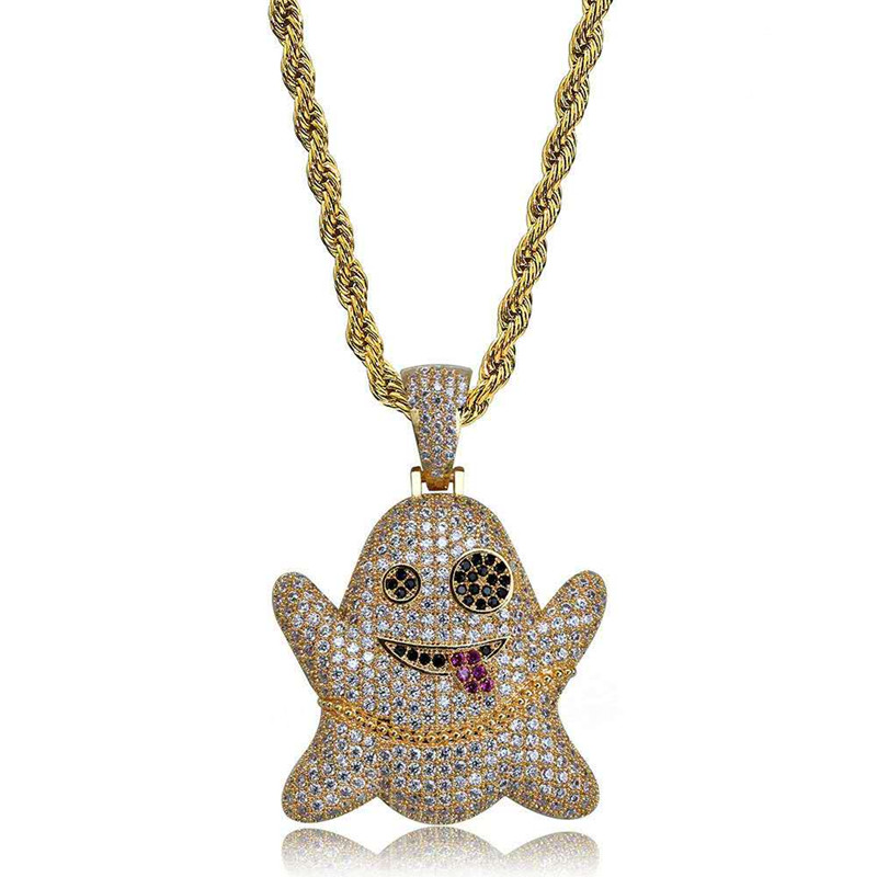 New Fashion Hip Hop Necklaces 18K Yellow Rose White Gold CZ Funny Ghost Pendant Necklaces for Men Women Hot Gift