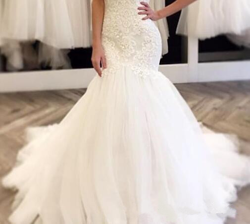 Modest Mermaid Wedding Dresses Cap Sleeve Scoop Neck Lace Tulle Sweep Train New Design Bridal Gowns Custom Size Plus Size