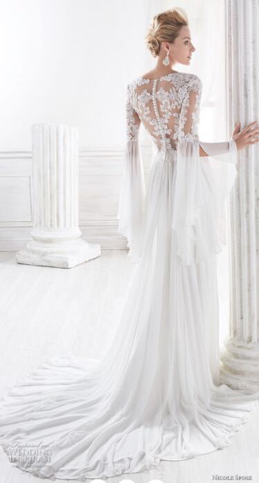 2018 Nicole Wedding Dress Summer Beach V Neck Lace Applique Illusion Buttons Back Chiffon Sweep Train Bridal Gowns Custom Made