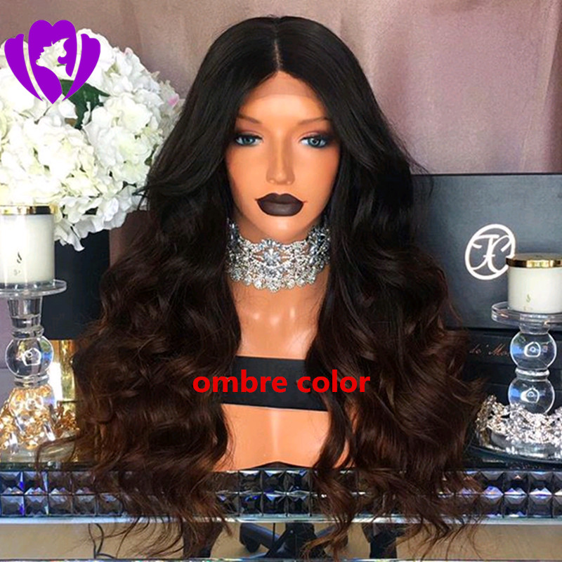 Natural Hairline Glueless Long Body Wave 1B Black/brown /blonde Synthetic Lace Front Wig africa american wig with Middle Part