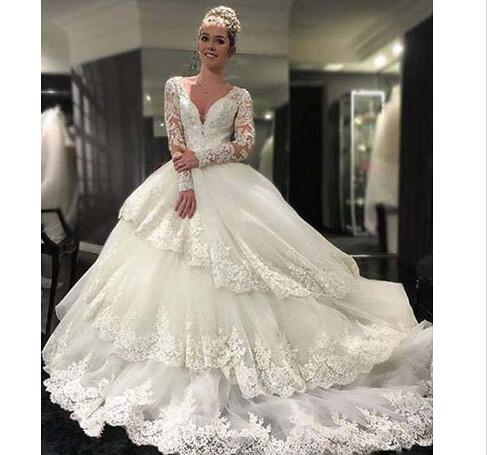 Luxury Deep V neck Wedding bridal Dress Gowns With Long Sleeves Lace Applique Ruched Chapel Train Organza Sequins For Women Cheap Designer, White
Luxury Deep V neck Wedding bridal Dress Gowns With Long Sleeves Lace Applique Ruched Chapel Train Organza Sequins For Women Cheap Designer, White
