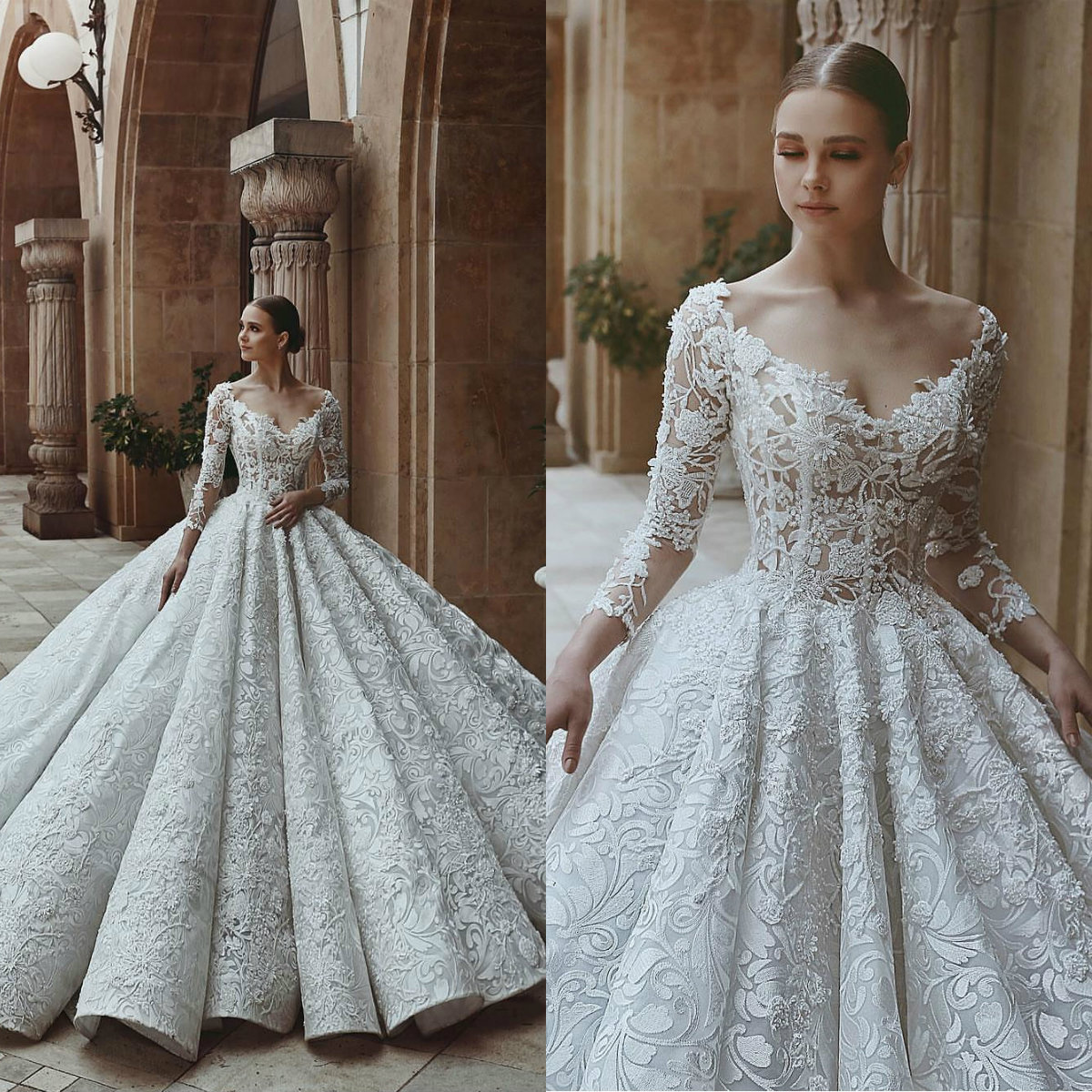 2018 Brand Luxury Wedding Dress Custom Made Illusion V Neck Lace Applique Beading Long Sleeves Bridal Gowns High Quality Wedding Dresses
