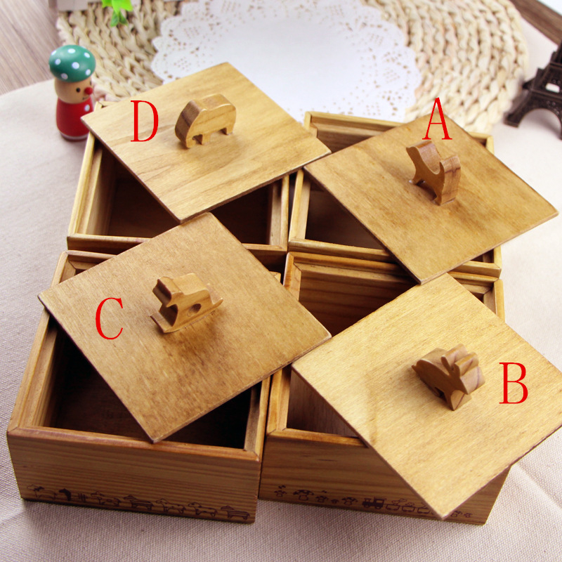 Vintage Wooden 3D Cute Animal Wooden Storage Box Jewelry Box Small Square Desktop Storage Jewelry Case Case