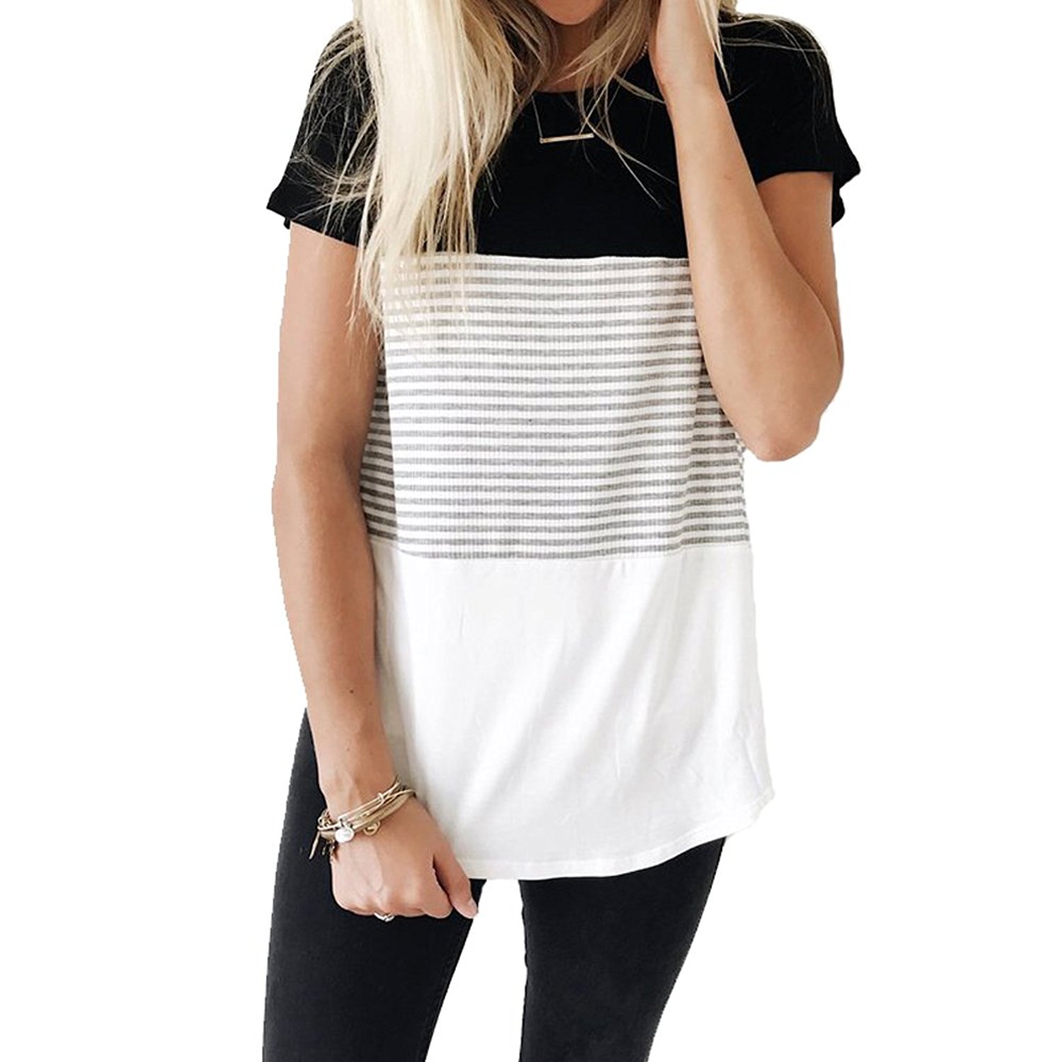 1 Pc Women loose Short Sleeve Round Neck Triple Color Block Stripe T-Shirt Casual Top Blouse, Black
1 Pc Women loose Short Sleeve Round Neck Triple Color Block Stripe T-Shirt Casual Top Blouse, Black