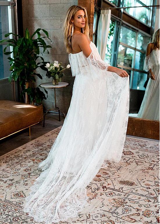 2018 A Line Boho Wedding Dresses Lace Applqiue Sweep Train Off Shoulder Elegant Bohemian Wedding Gowns Backless Beach Bridal Dress