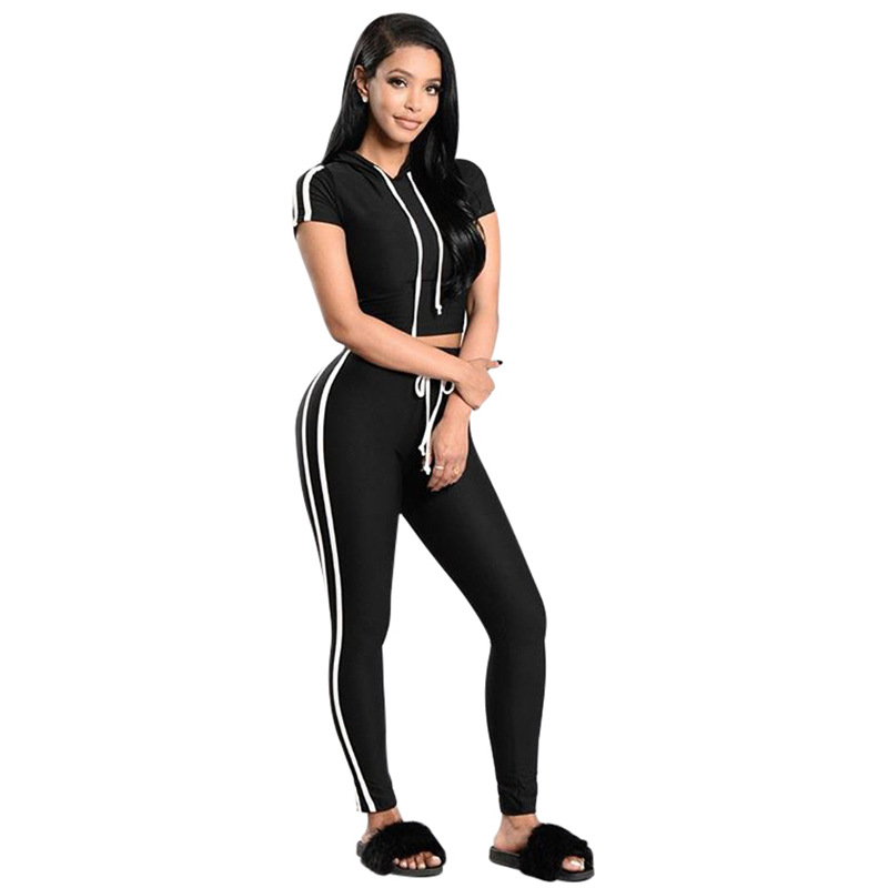 Women's Polyester Running Tracksuit 2 Colors Hooded Short Sleeve T Shirt Legging Set Slim Fit White Stripe Sportswear B4