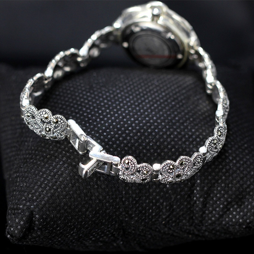MetJakt Vintage Quartz Bracelet Watch with Zircon Solid 925 Sterling Silver Bracelet for Women's Thai Silver Jewelry