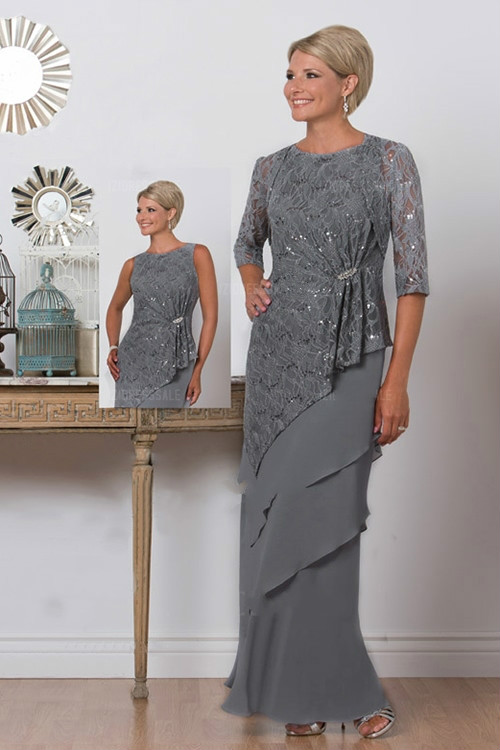 Grey Mother Of The Bride Dresses Long Lace Sequined Ankle Length Half Long Sleeves Mother's Gowns Wedding Guest Dress Plus Size Dress Party