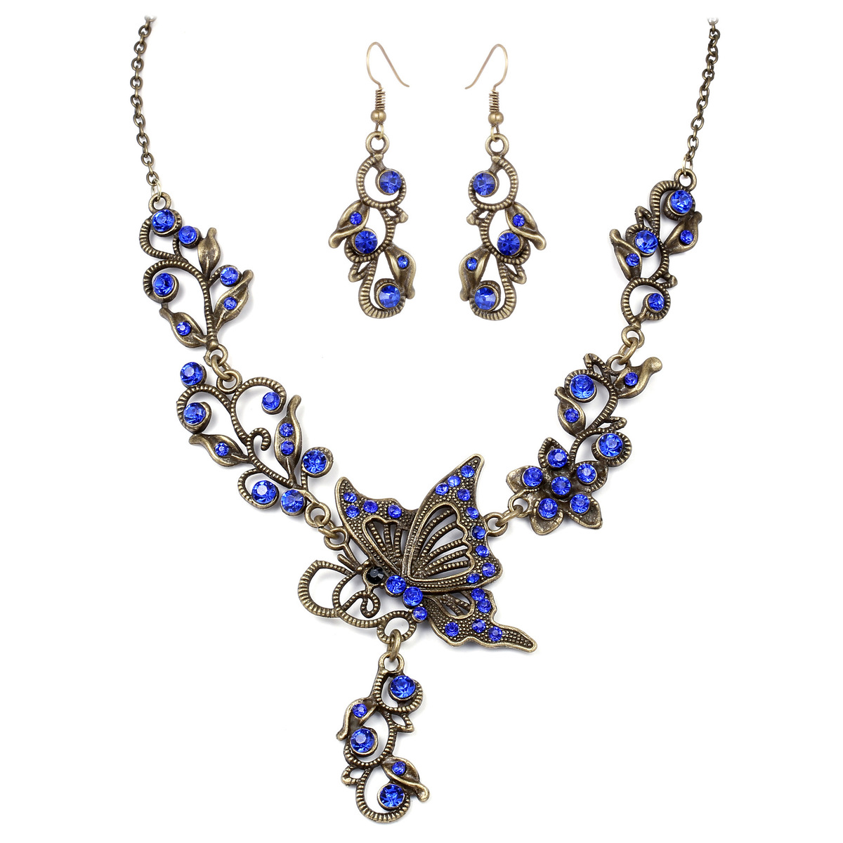 Low-cost wholesale bridal jewelry Rhinestone butterfly love flower earrings necklace Wild jewelry set