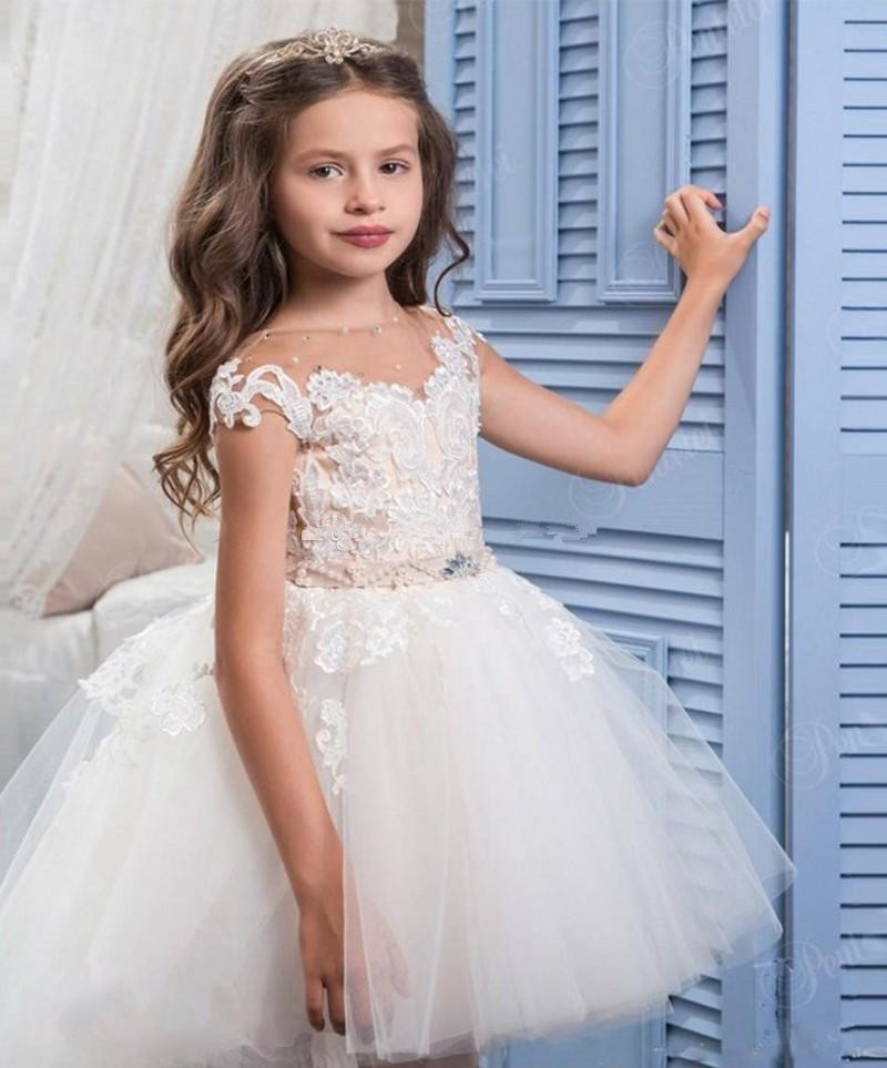 High 2018 Cute Low Wer For Weddings Sheer Neck Illusion Cap Sleeves Lace Tulle Sashes Pearls Princess Girls Pageant Dresses