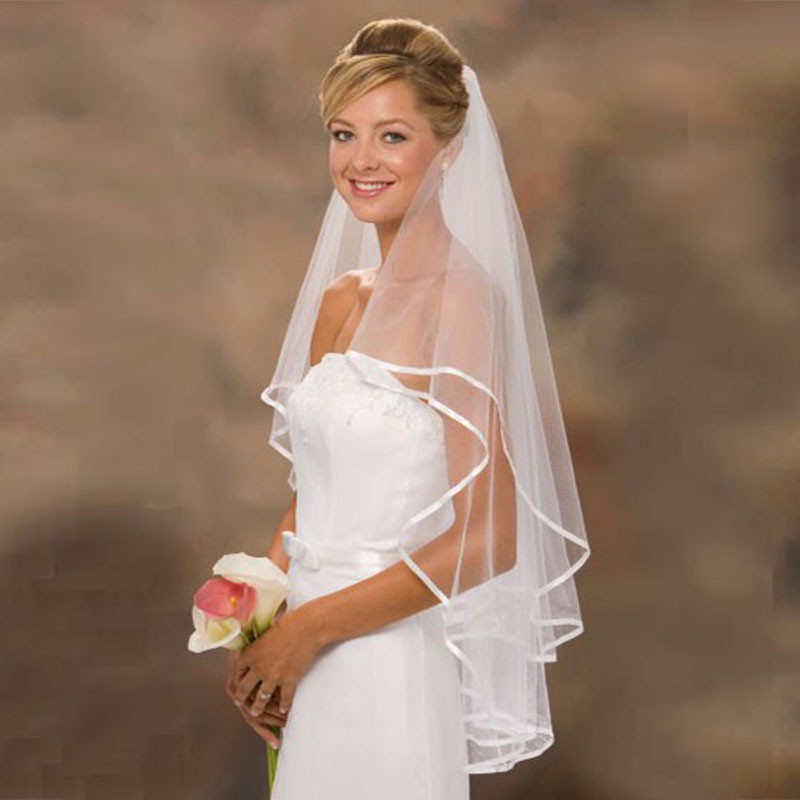 Elegant Bridal Veils with Ribbon Edge Brand New 2 Layers White/Ivory Short Wedding Accessories In Stock Wedding Veils With Comb