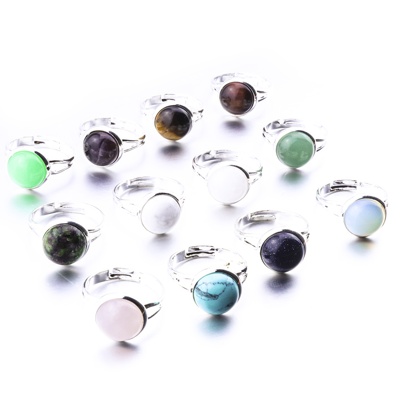 10mm 12mm Natural Stone Rings silver gold color Open Adjustable Turquoise Amethysts Pink Quartz Crystal Women Ring Party Wedding