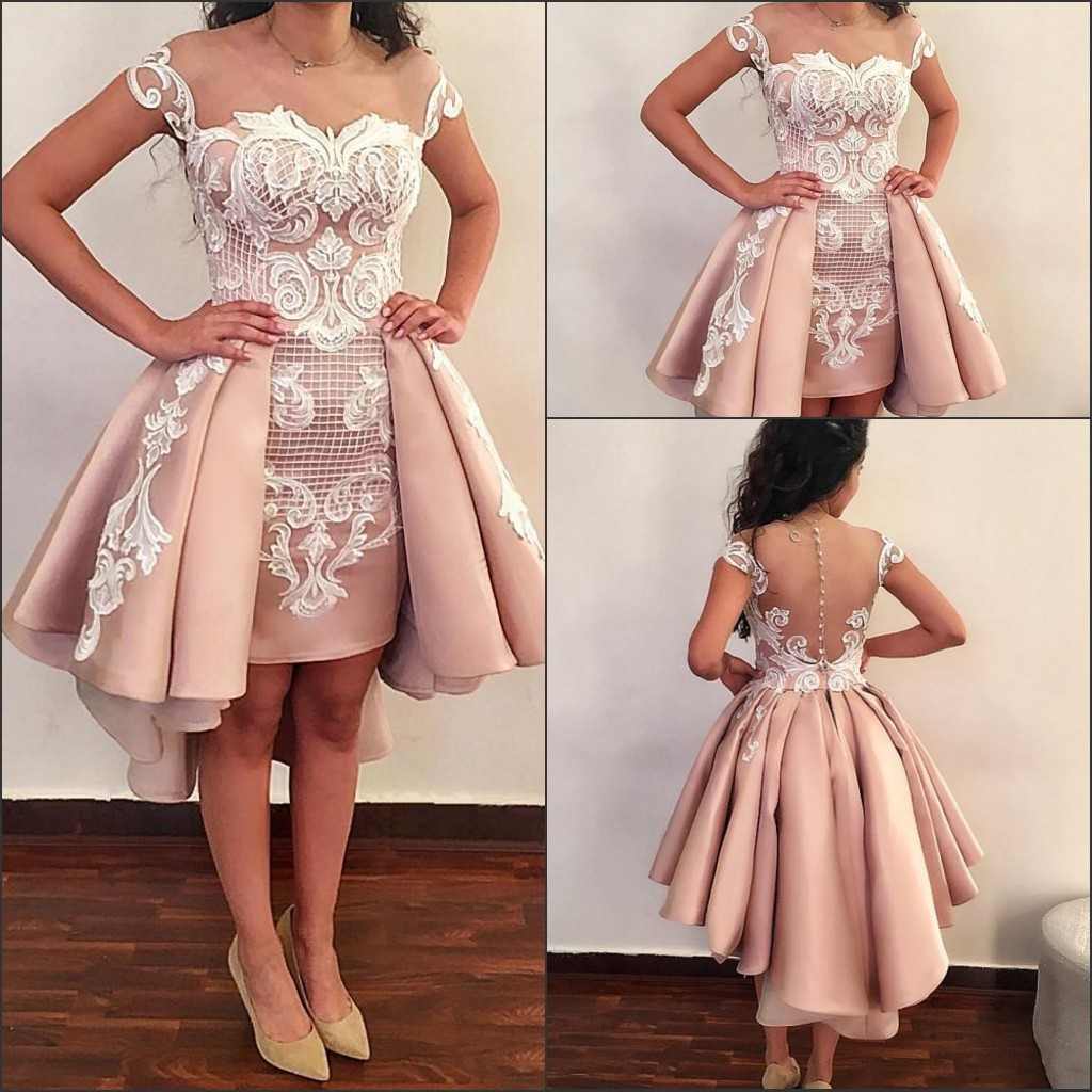 Arabic Sheer Cap Sleeves Satin High Low Prom Dresses Tulle Lace Applique Ruched Women's Formal Party Evening Dresses With Buttons, Gold
Arabic Sheer Cap Sleeves Satin High Low Prom Dresses Tulle Lace Applique Ruched Women's Formal Party Evening Dresses With Buttons, Gold